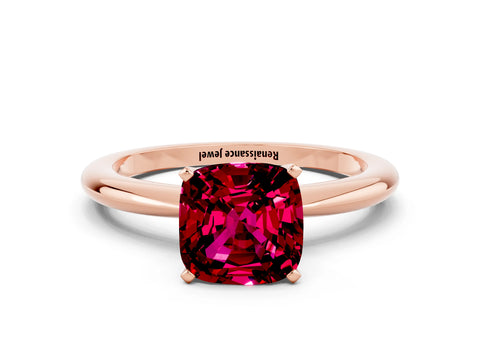 Rose gold Cushion Cut Garnet Solitaire Ring with Six-Prong Setting and Classic Band