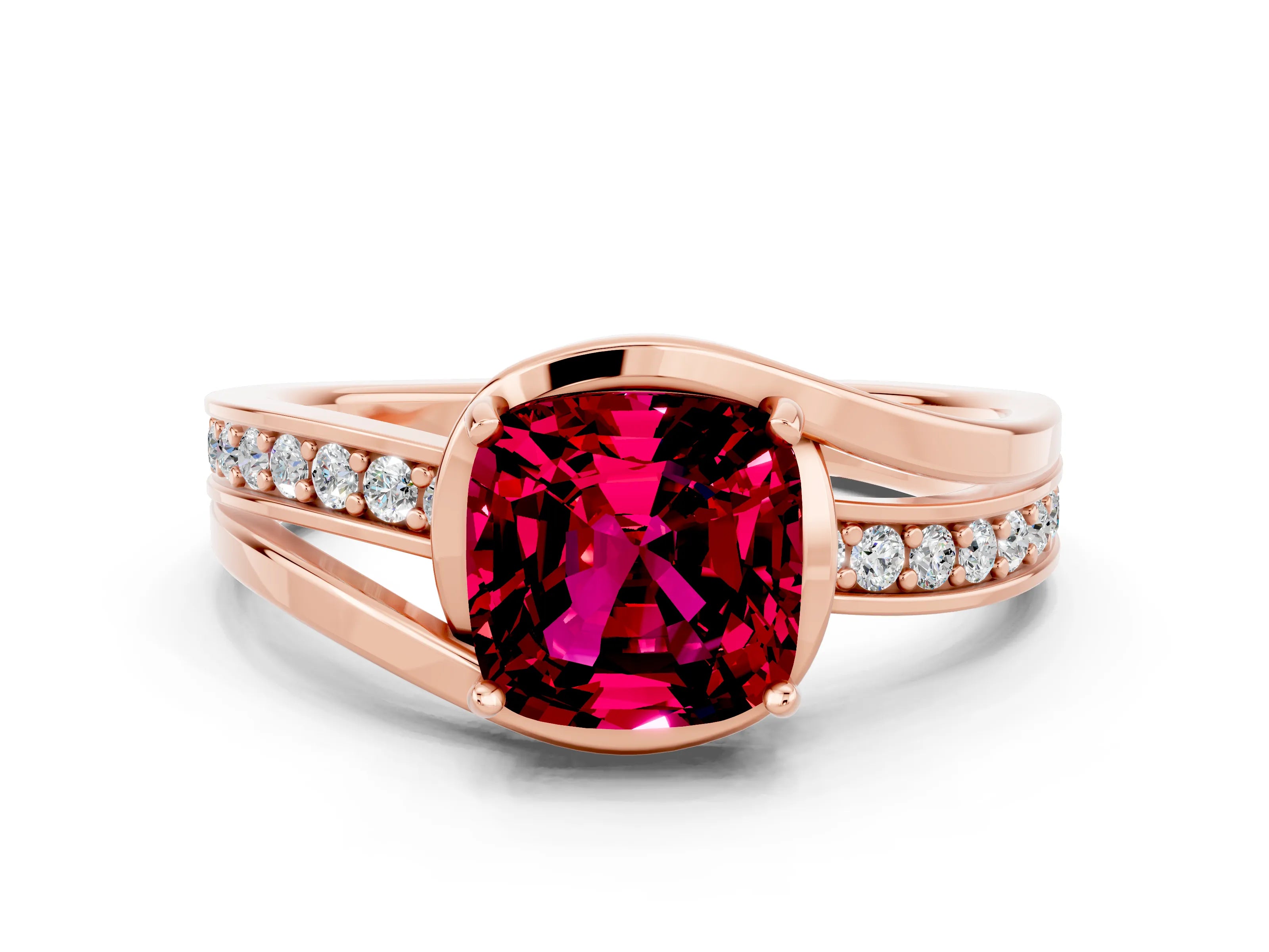 Rose gold Cushion Cut Garnet Solitaire Ring with Split Shank and Prong Setting