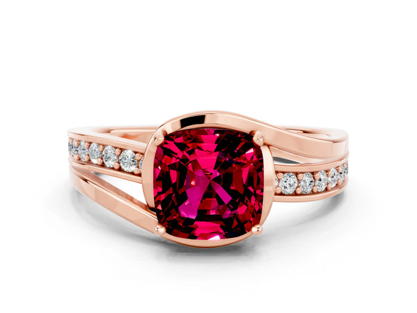 Rose gold Cushion Cut Garnet Solitaire Ring with Split Shank and Prong Setting