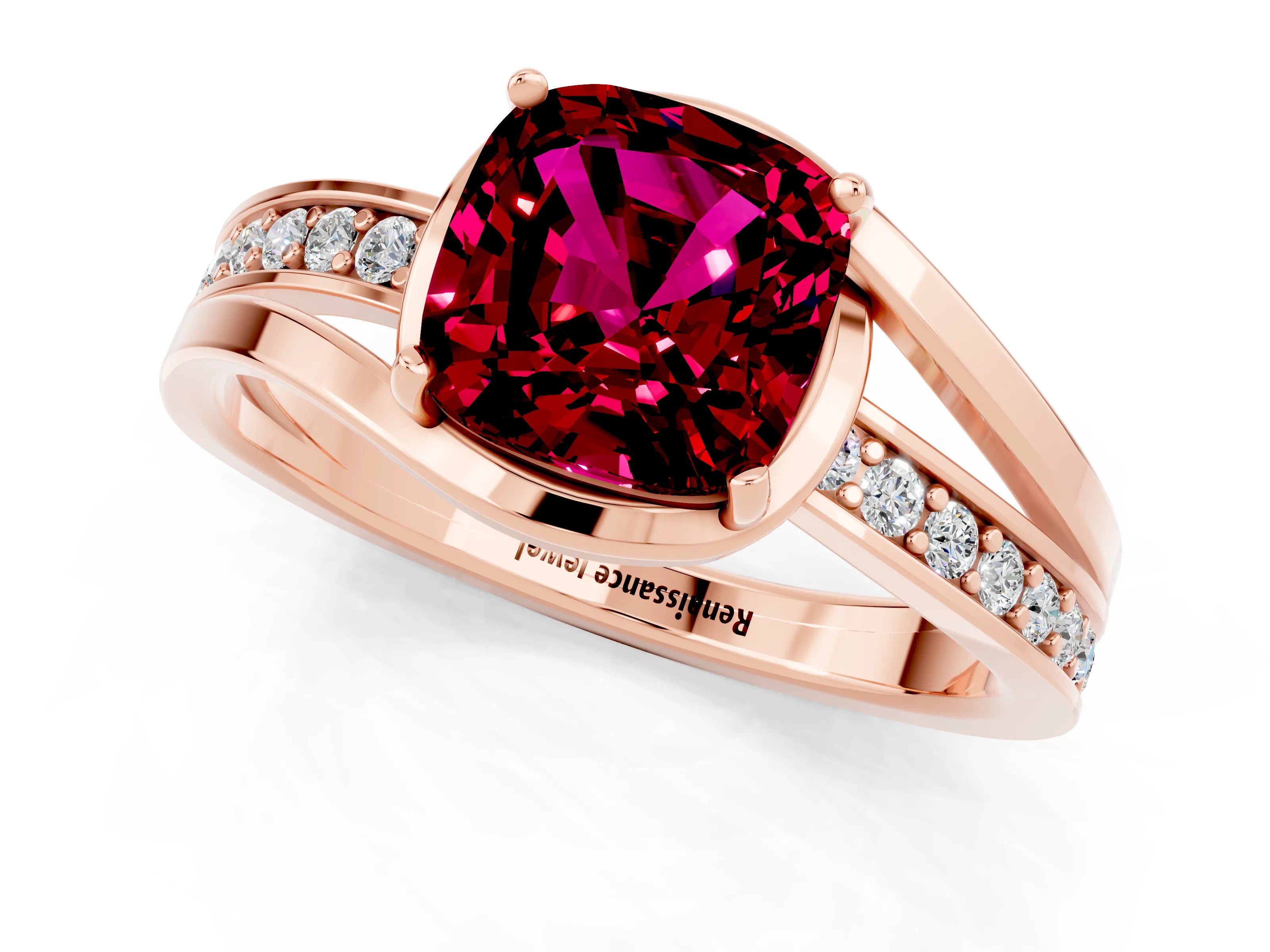 Rose gold Cushion Cut Garnet Solitaire Ring with Split Shank and Prong Setting_1