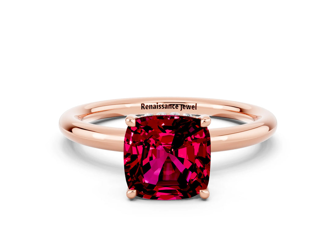 Rose gold Cushion Cut Garnet Solitaire Ring with Thin Band and Four-Prong Setting