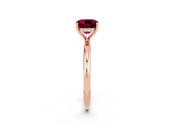 Rose gold Cushion Cut Garnet Solitaire Ring with Thin Band and Four-Prong Setting