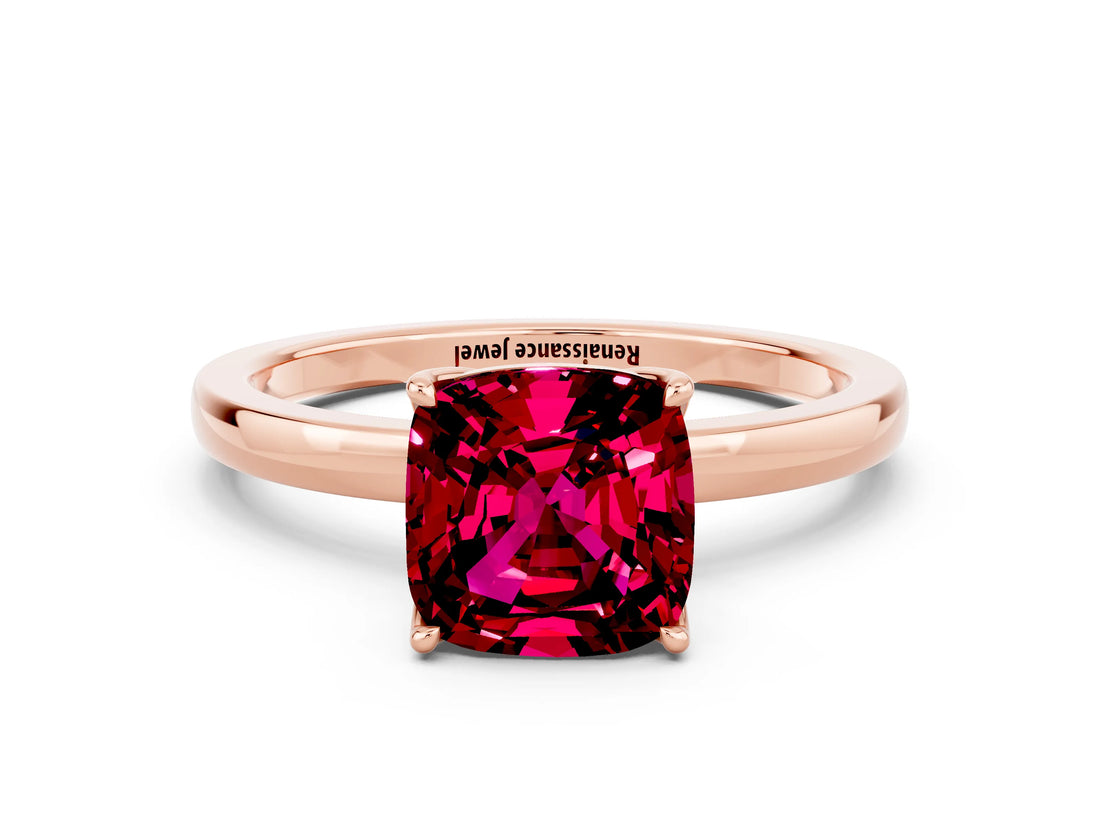 Rose gold Cushion Cut Garnet Solitaire Ring with Thin Band and Prong Setting_12