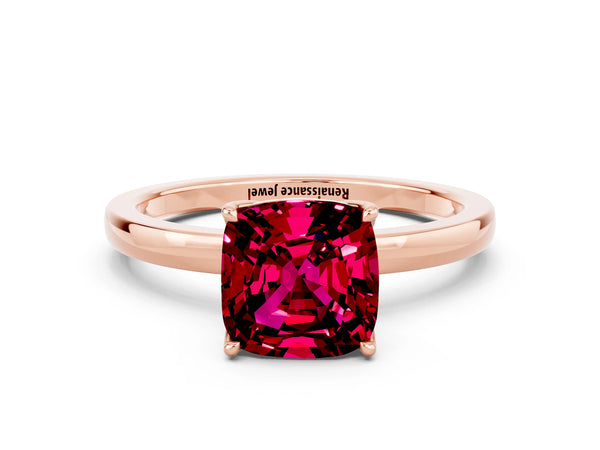 Rose gold Cushion Cut Garnet Solitaire Ring with Thin Band and Prong Setting