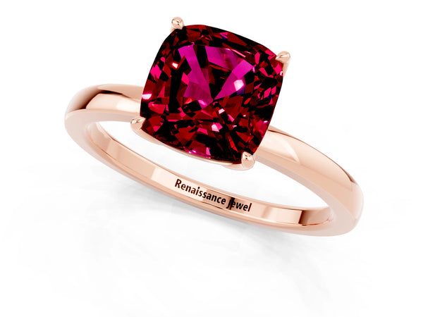 Rose gold Cushion Cut Garnet Solitaire Ring with Thin Band and Prong Setting