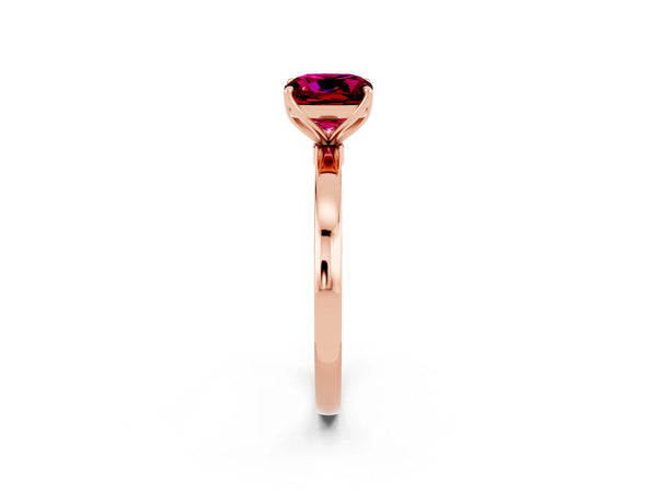Rose gold Cushion Cut Garnet Solitaire Ring with Thin Band and Prong Setting