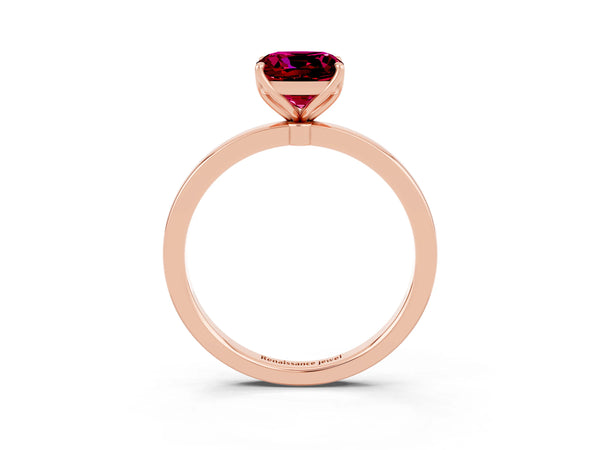 Rose gold Cushion Cut Garnet Solitaire Ring with Thin Band and Prong Setting