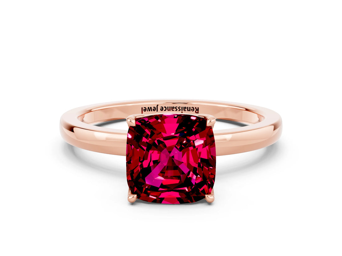 Rose gold Cushion Cut Garnet Solitaire Ring with Thin Band and Prong Setting_24