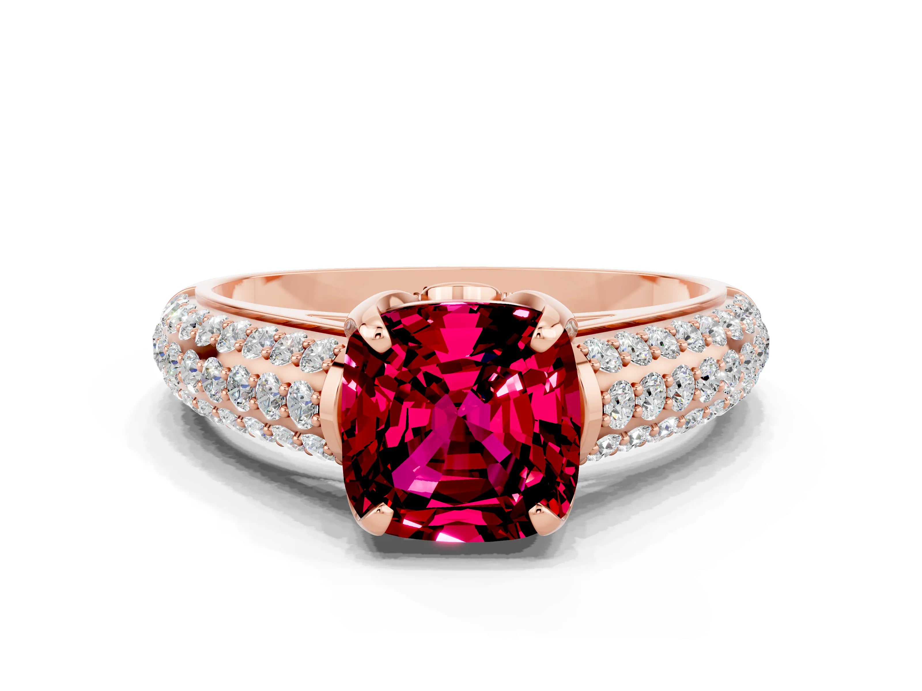 Rose gold Cushion Cut Garnet Solitaire Ring with Three-Row Pavé Band and Four-Prong Setting_12