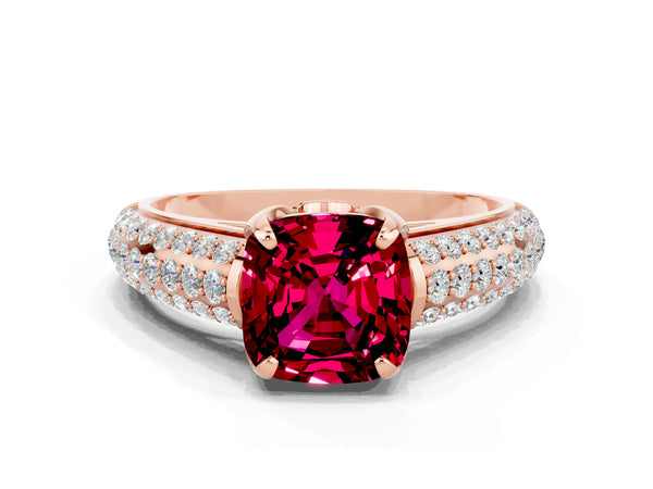Rose gold Cushion Cut Garnet Solitaire Ring with Three-Row Pavé Band and Four-Prong Setting