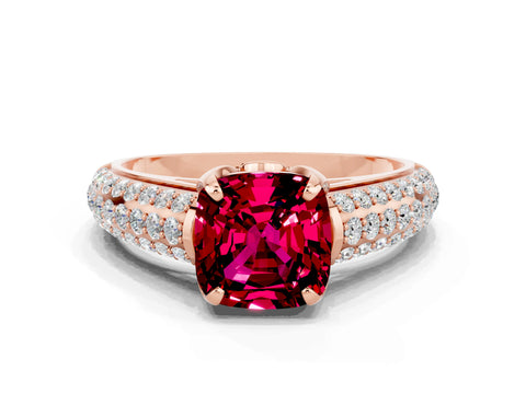 Rose gold Cushion Cut Garnet Solitaire Ring with Three-Row Pavé Band and Four-Prong Setting_12