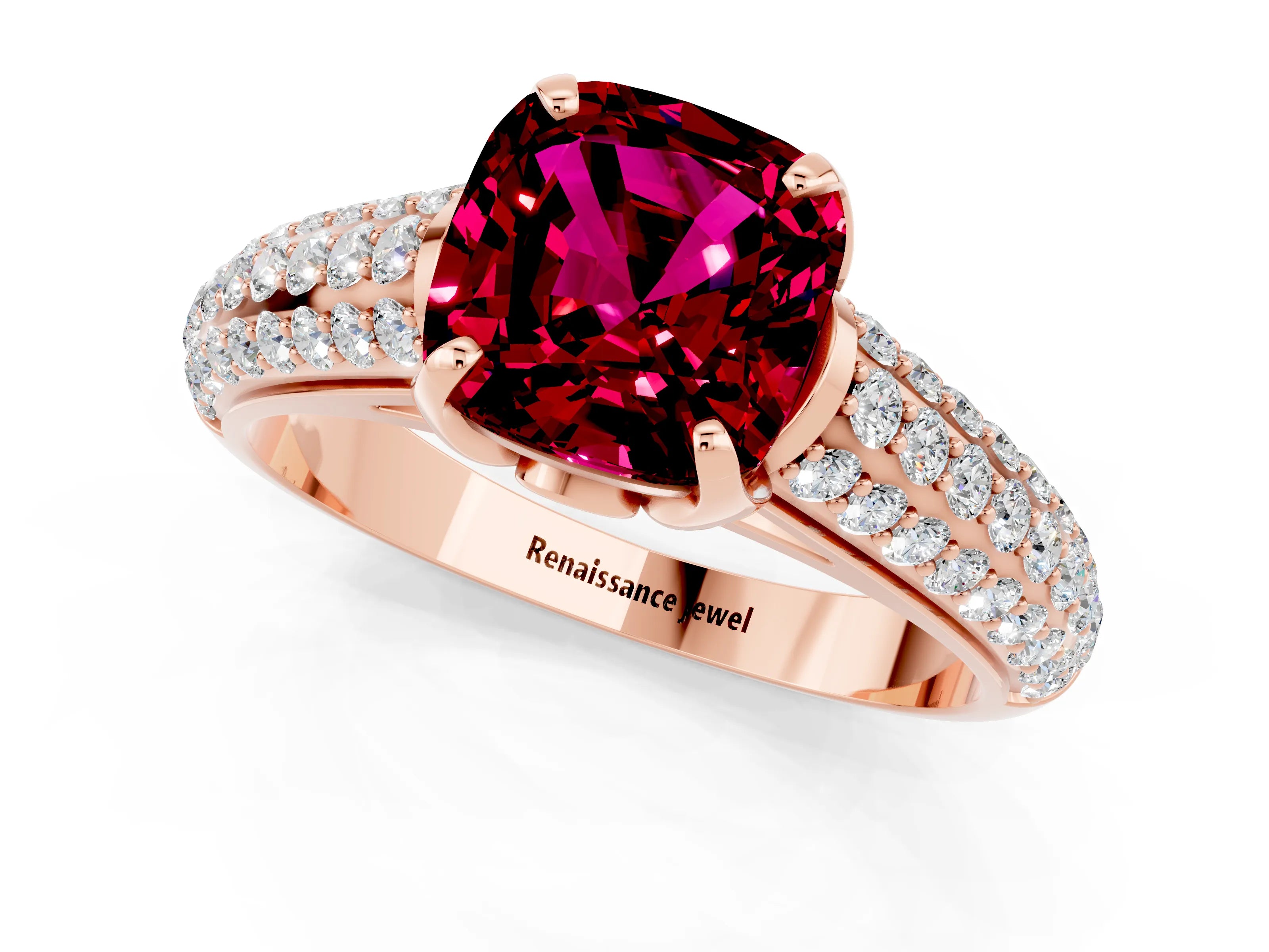 Rose gold Cushion Cut Garnet Solitaire Ring with Three-Row Pavé Band and Four-Prong Setting_13