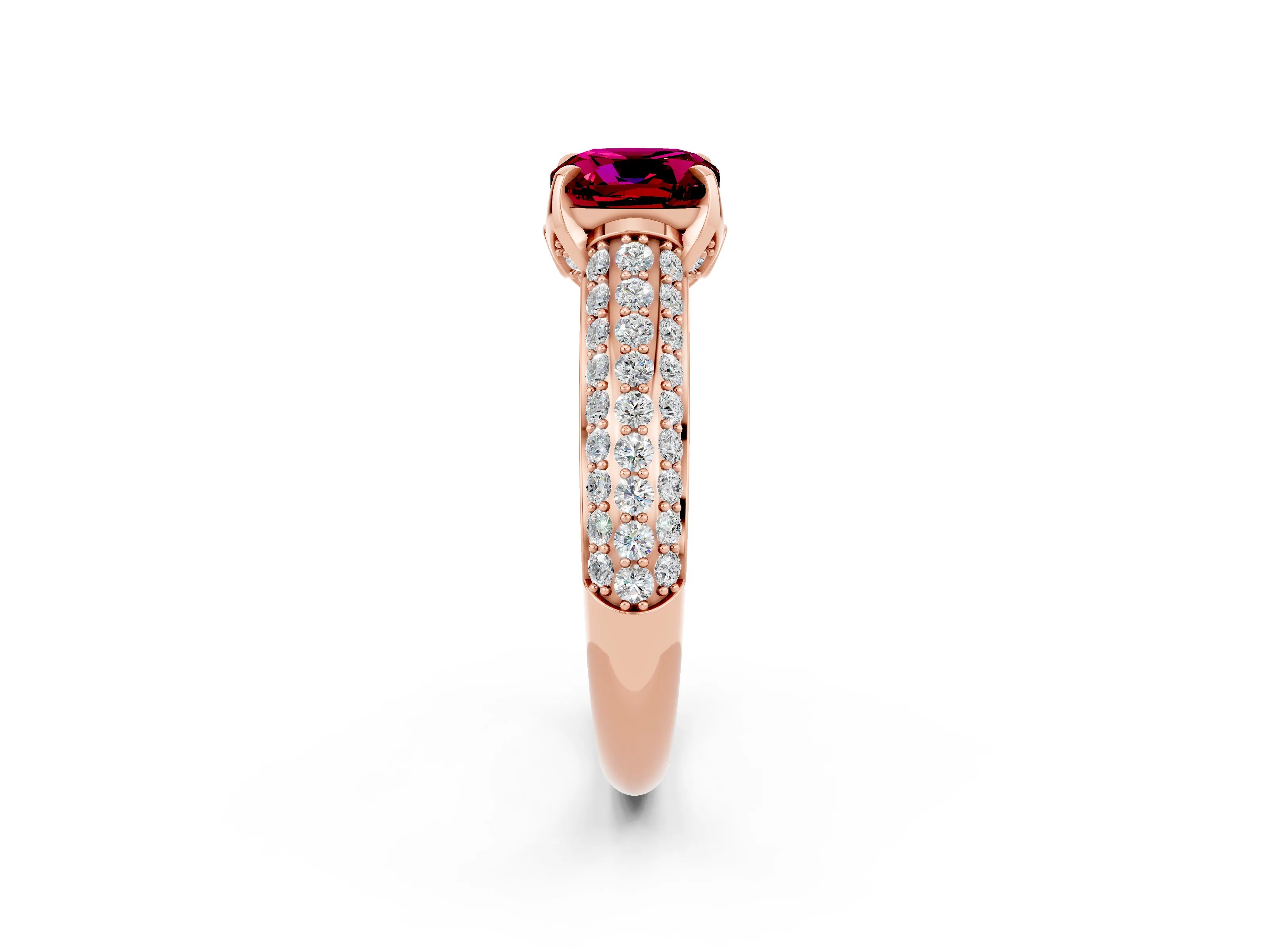 Rose gold Cushion Cut Garnet Solitaire Ring with Three-Row Pavé Band and Four-Prong Setting_14