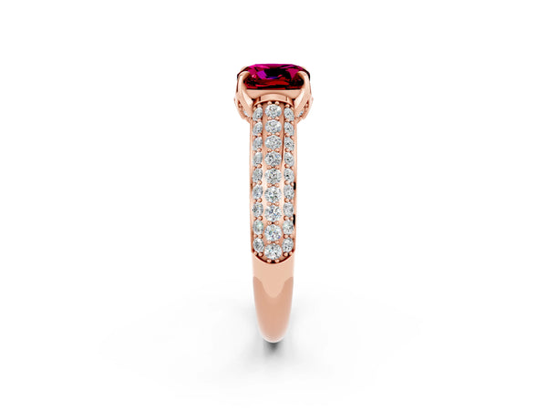 Rose gold Cushion Cut Garnet Solitaire Ring with Three-Row Pavé Band and Four-Prong Setting