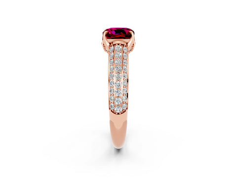 Rose gold Cushion Cut Garnet Solitaire Ring with Three-Row Pavé Band and Four-Prong Setting_14