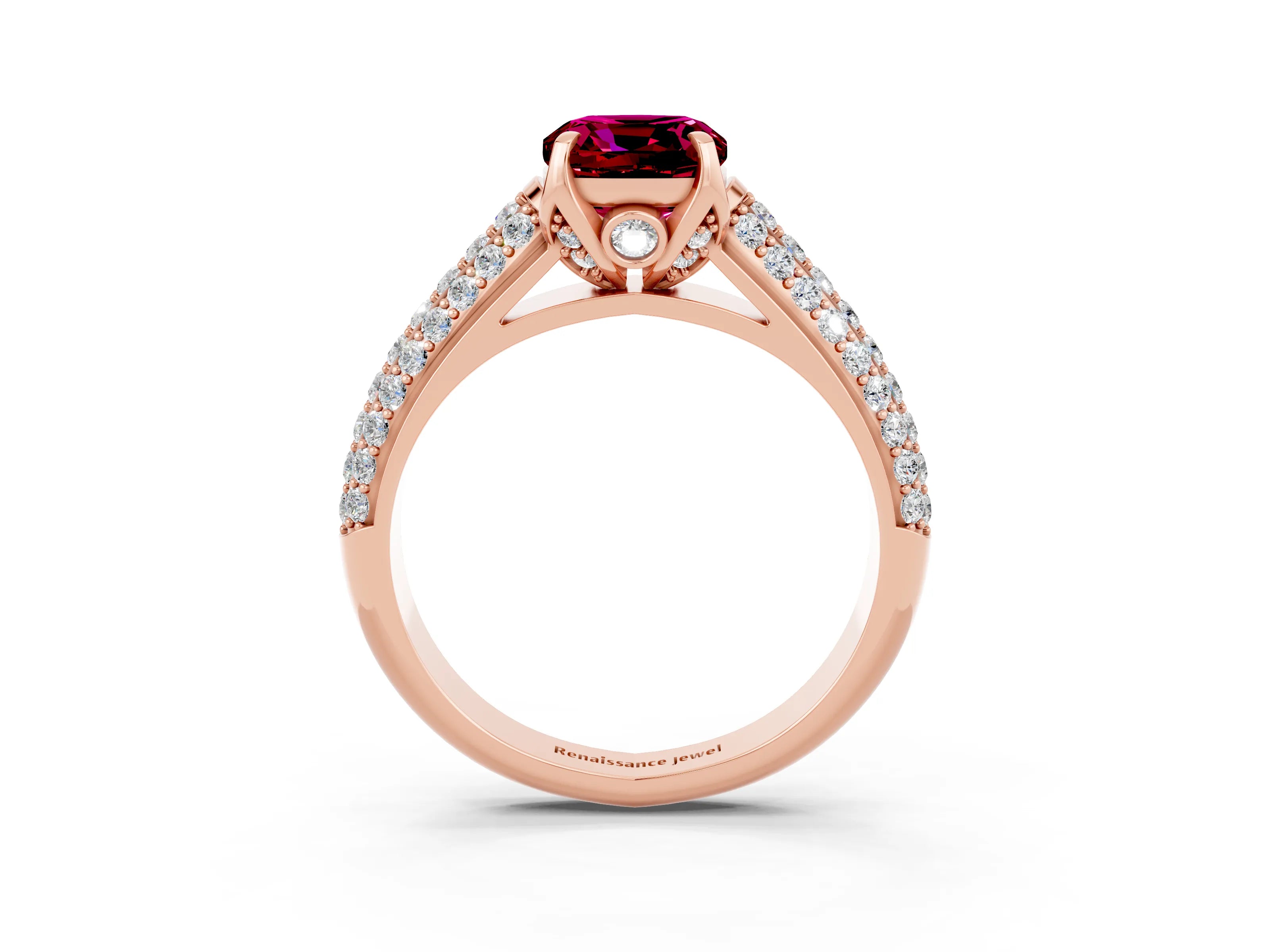 Rose gold Cushion Cut Garnet Solitaire Ring with Three-Row Pavé Band and Four-Prong Setting_15