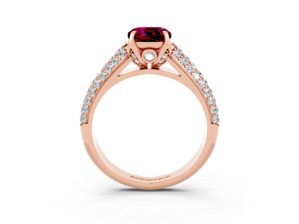 Rose gold Cushion Cut Garnet Solitaire Ring with Three-Row Pavé Band and Four-Prong Setting