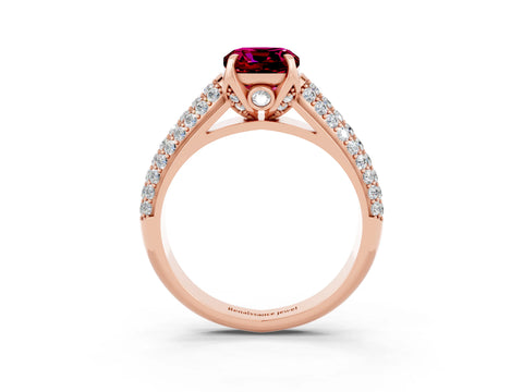 Rose gold Cushion Cut Garnet Solitaire Ring with Three-Row Pavé Band and Four-Prong Setting_15