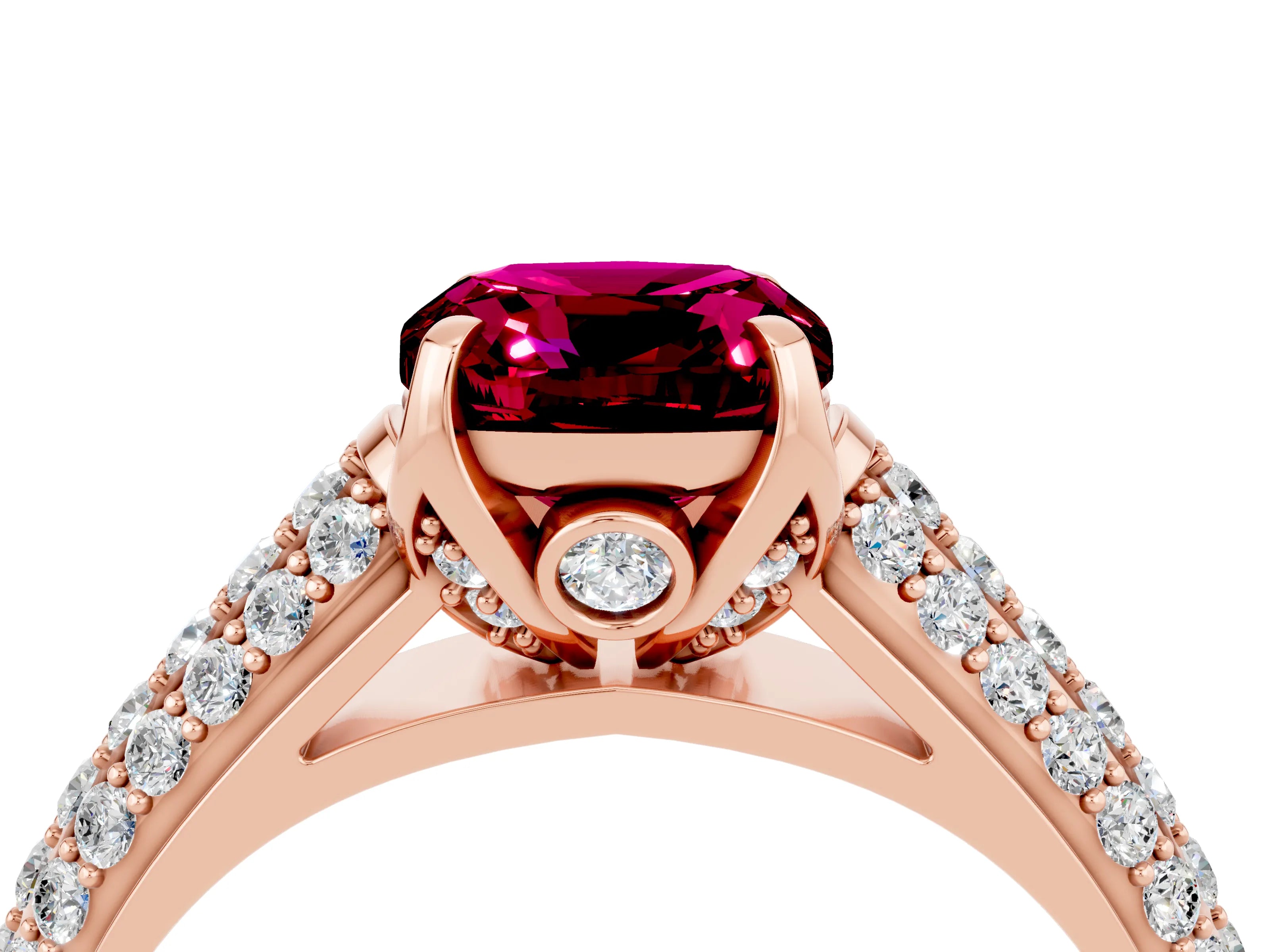 Rose gold Cushion Cut Garnet Solitaire Ring with Three-Row Pavé Band and Four-Prong Setting_16