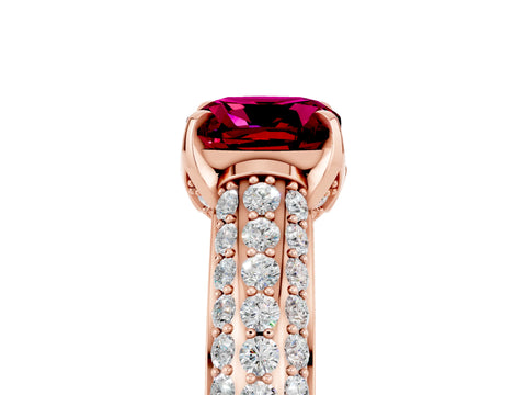 Rose gold Cushion Cut Garnet Solitaire Ring with Three-Row Pavé Band and Four-Prong Setting_17