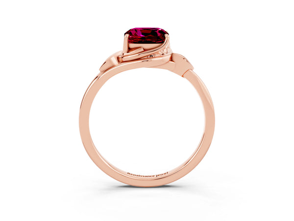 Rose gold Cushion Cut Garnet Solitaire Ring with Twist Band and Four-Prong Setting