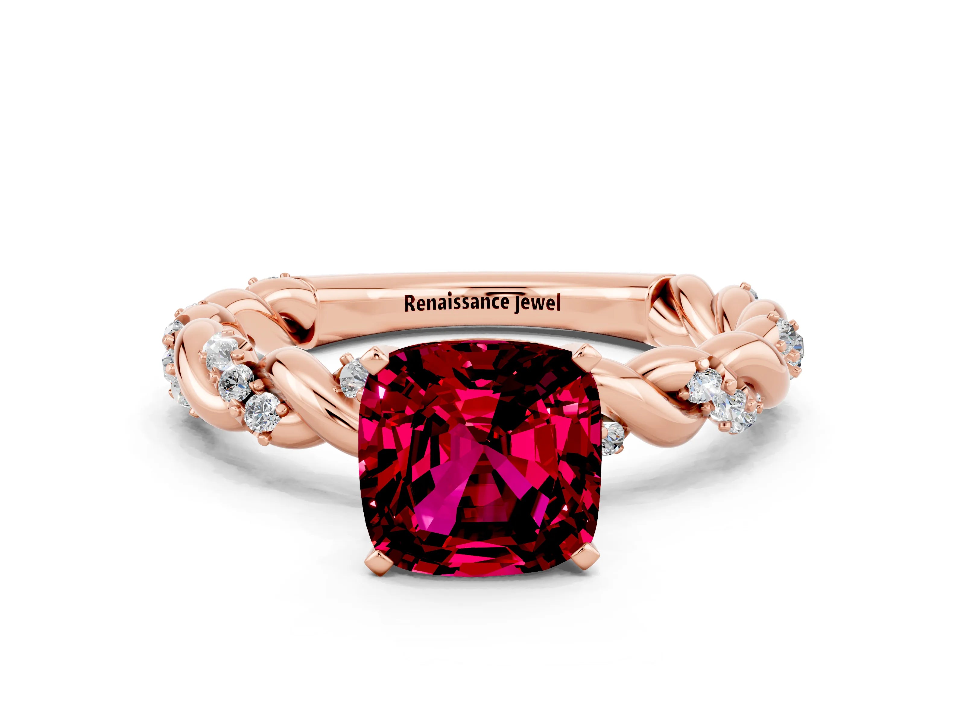 Rose gold Cushion Cut Garnet Solitaire Ring with Twisted Band and Pavé Accents