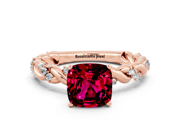 Rose gold Cushion Cut Garnet Solitaire Ring with Twisted Band and Pavé Accents