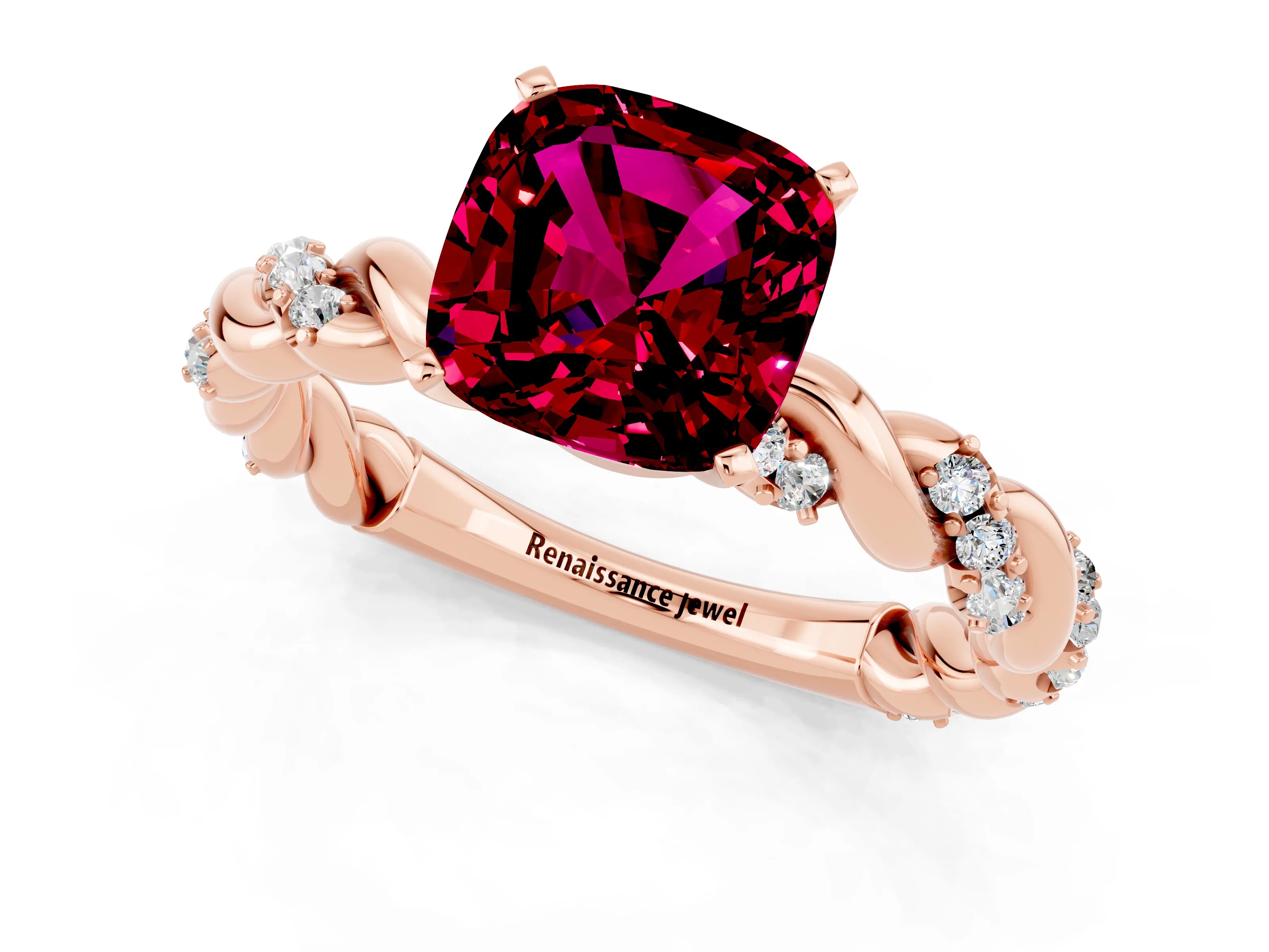 Rose gold Cushion Cut Garnet Solitaire Ring with Twisted Band and Pavé Accents_1