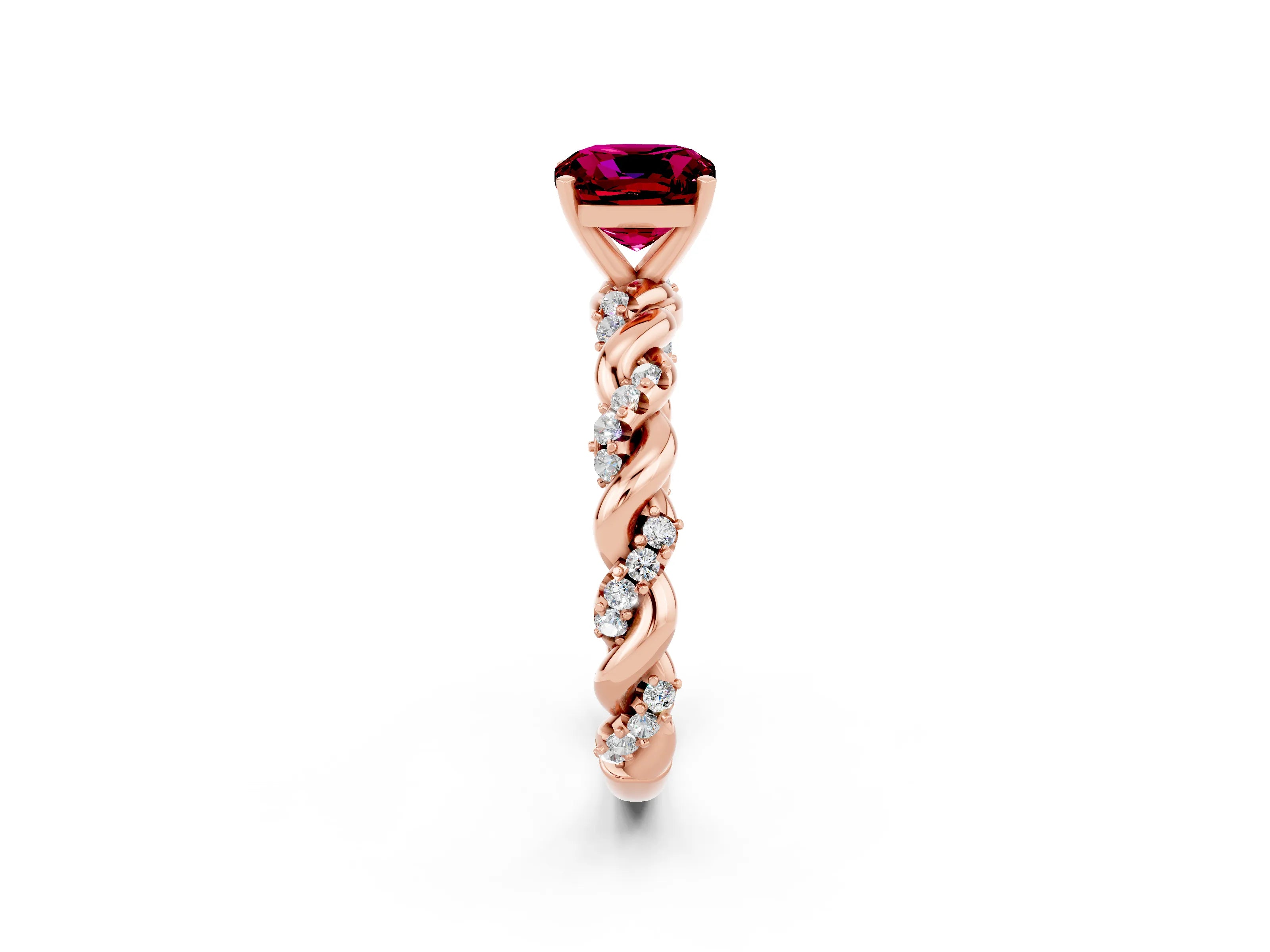 Rose gold Cushion Cut Garnet Solitaire Ring with Twisted Band and Pavé Accents_2