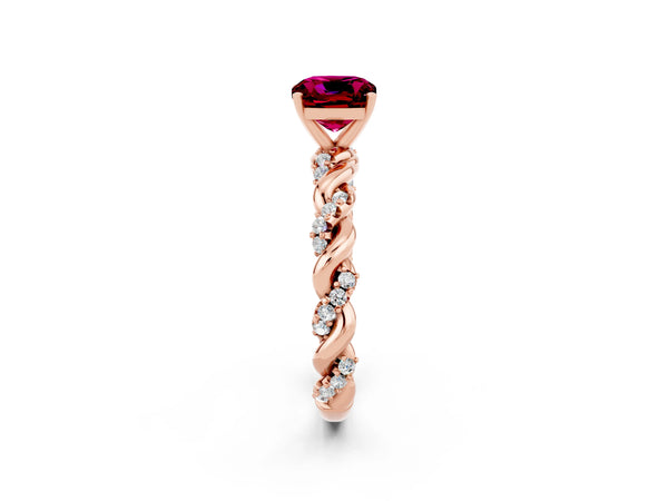 Rose gold Cushion Cut Garnet Solitaire Ring with Twisted Band and Pavé Accents