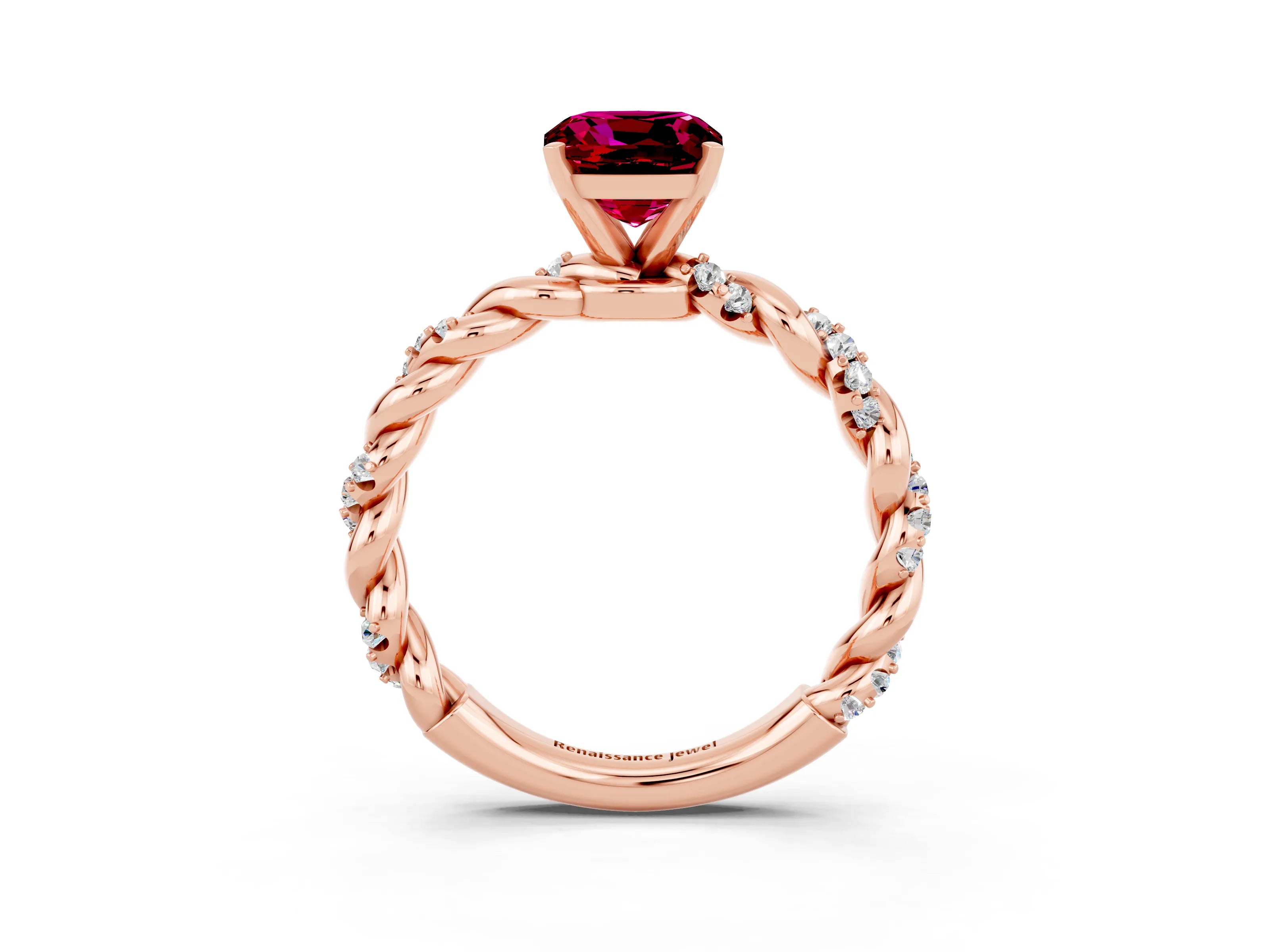 Rose gold Cushion Cut Garnet Solitaire Ring with Twisted Band and Pavé Accents_3