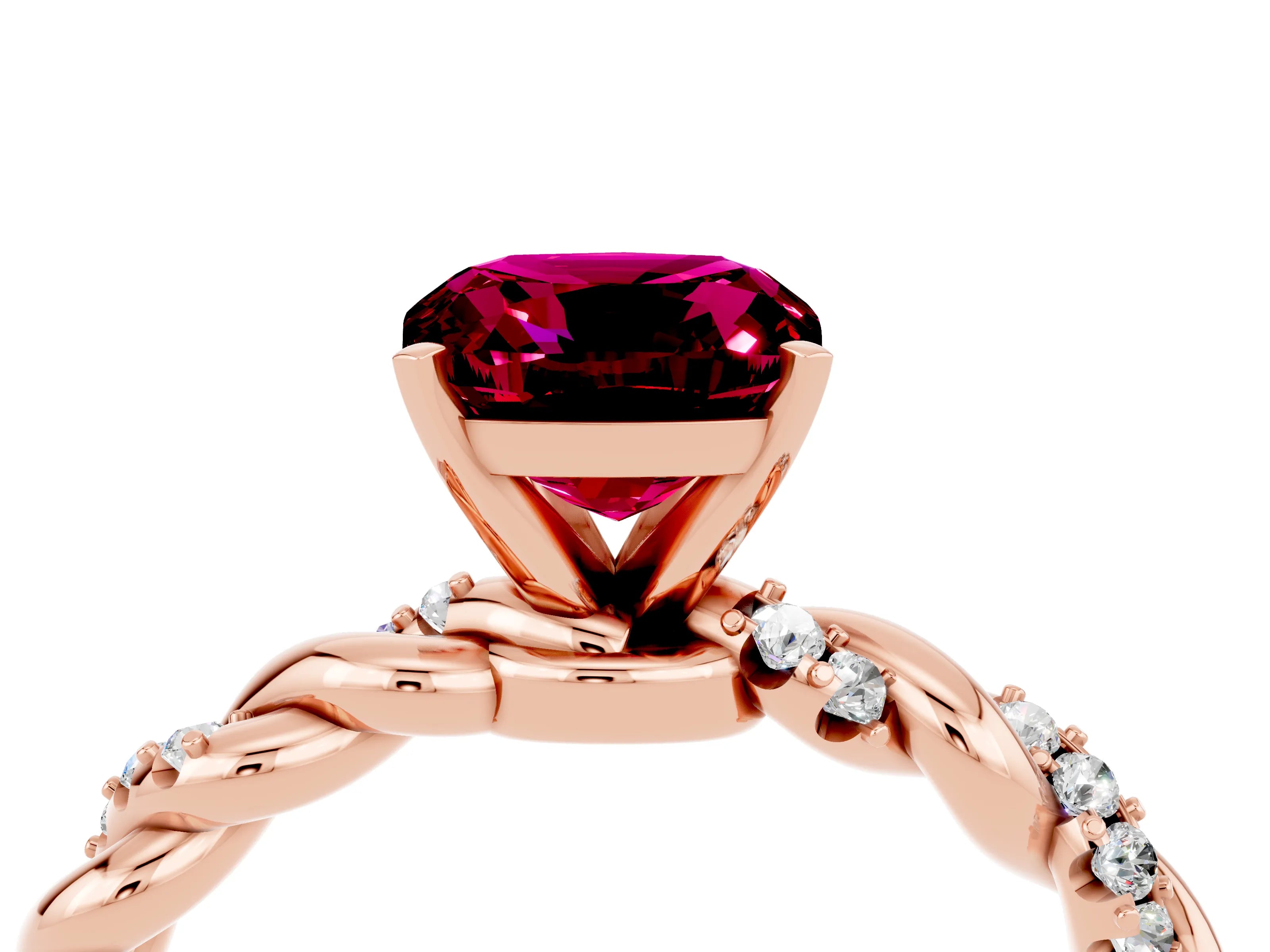 Rose gold Cushion Cut Garnet Solitaire Ring with Twisted Band and Pavé Accents_4