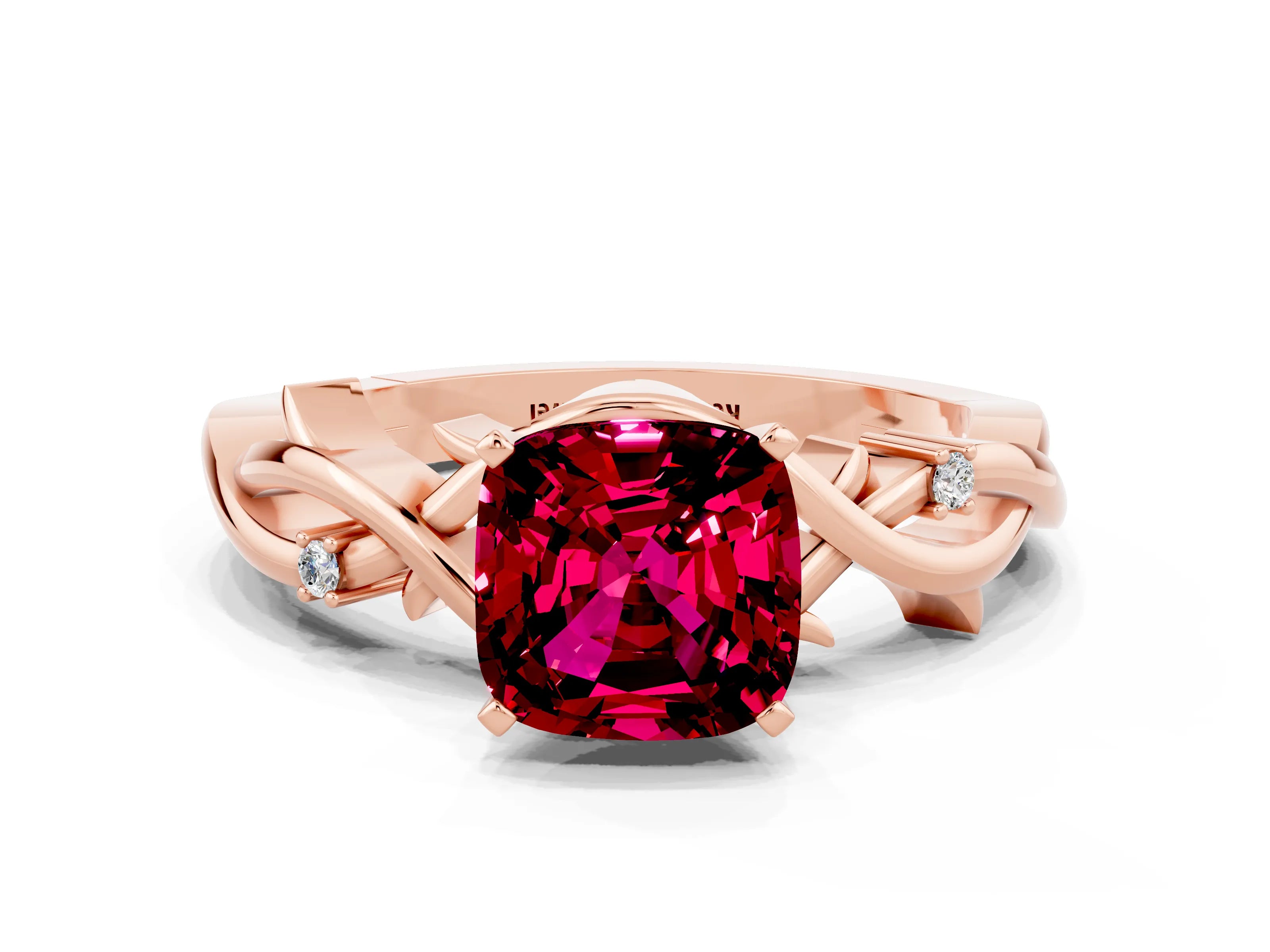 Rose gold Cushion Cut Garnet Solitaire Ring with Twisted Band and Prong Setting