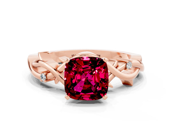 Rose gold Cushion Cut Garnet Solitaire Ring with Twisted Band and Prong Setting