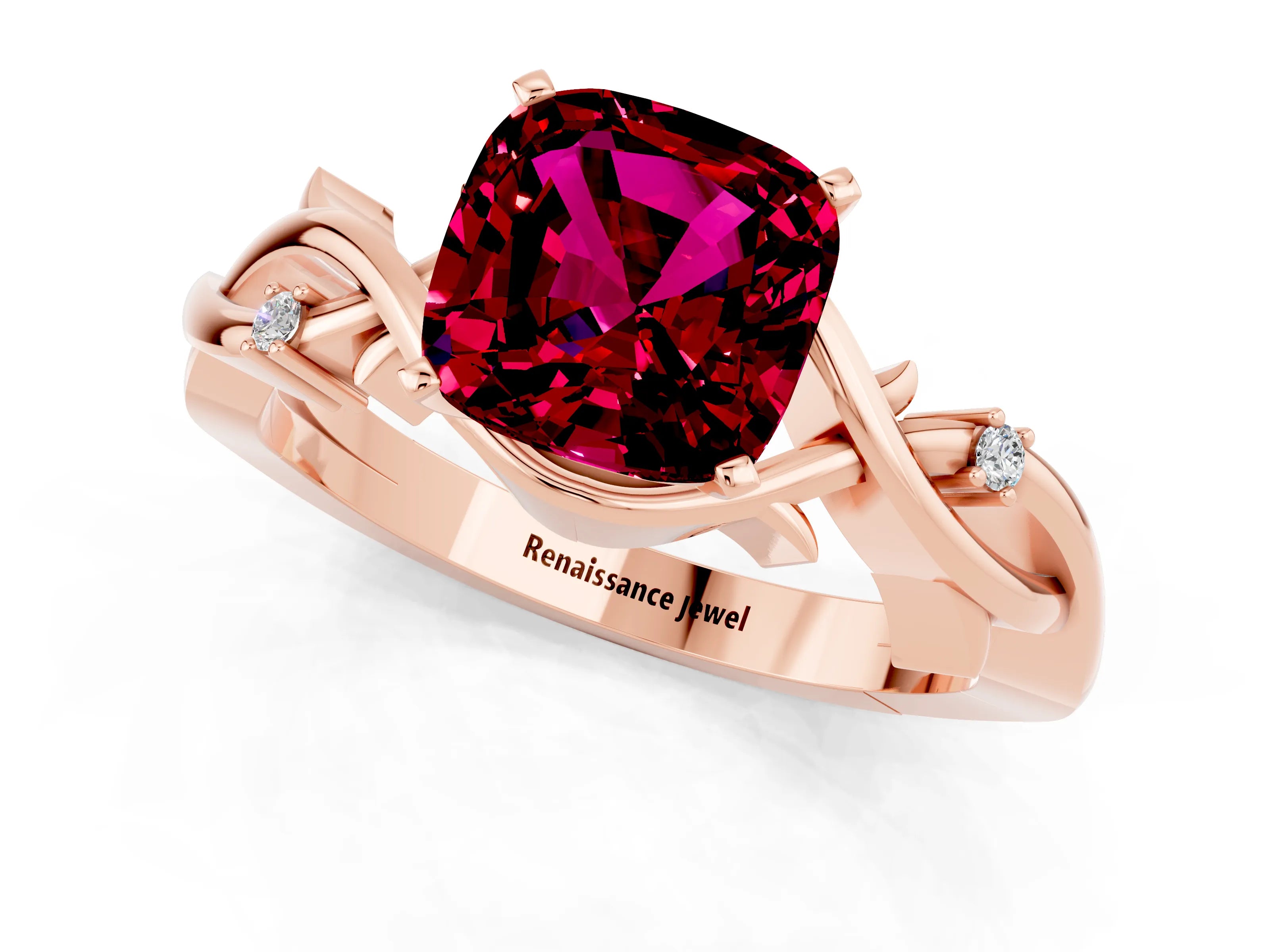 Rose gold Cushion Cut Garnet Solitaire Ring with Twisted Band and Prong Setting_1
