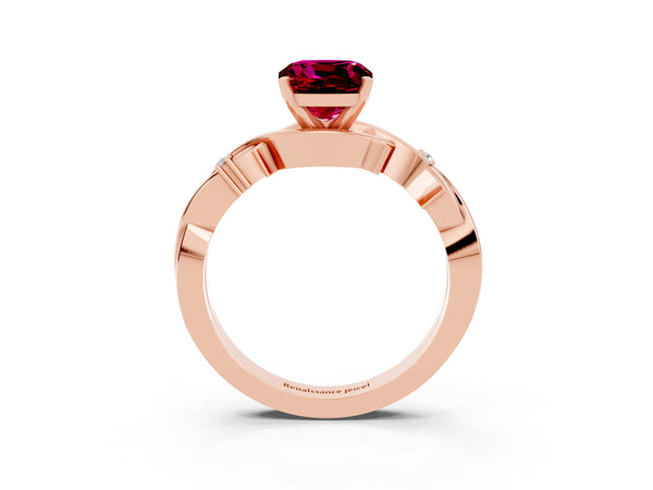 Rose gold Cushion Cut Garnet Solitaire Ring with Twisted Band and Prong Setting