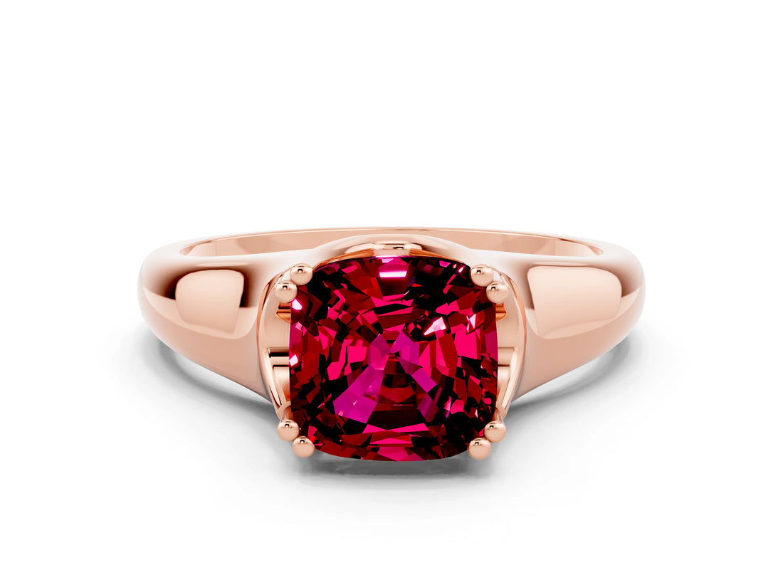 Rose gold Cushion Cut Garnet Solitaire Ring with Wide Band and Prong Setting