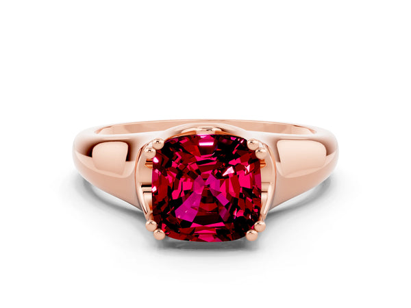 Rose gold Cushion Cut Garnet Solitaire Ring with Wide Band and Prong Setting