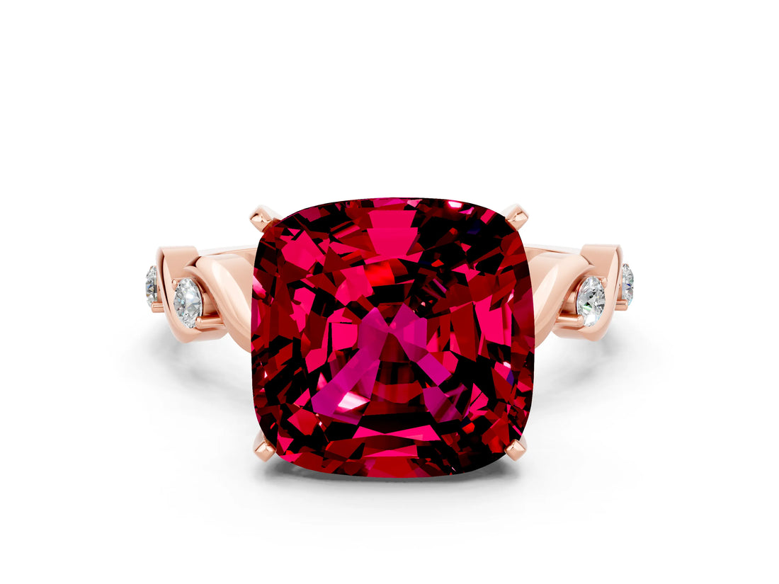 Rose gold Cushion Cut Garnet Solitaire Twisted Band with Round  Accents and Prong Setting_12