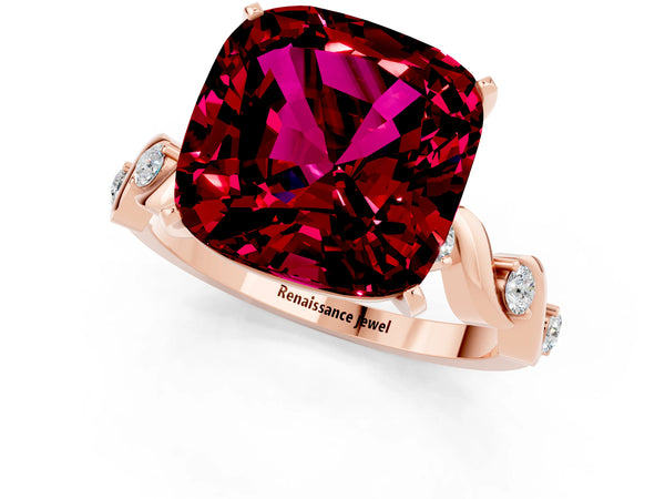 Rose gold Cushion Cut Garnet Solitaire Twisted Band with Round  Accents and Prong Setting