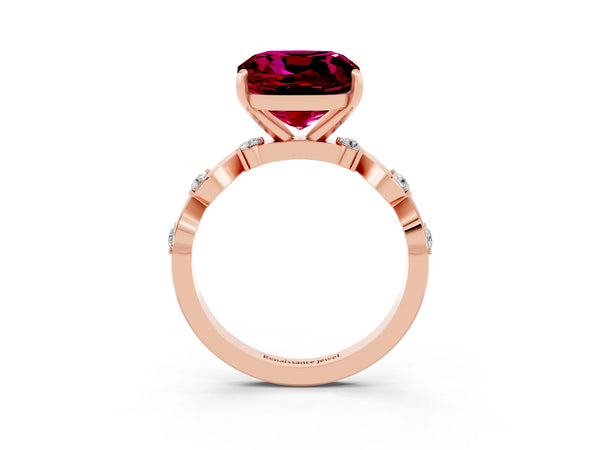 Rose gold Cushion Cut Garnet Solitaire Twisted Band with Round  Accents and Prong Setting