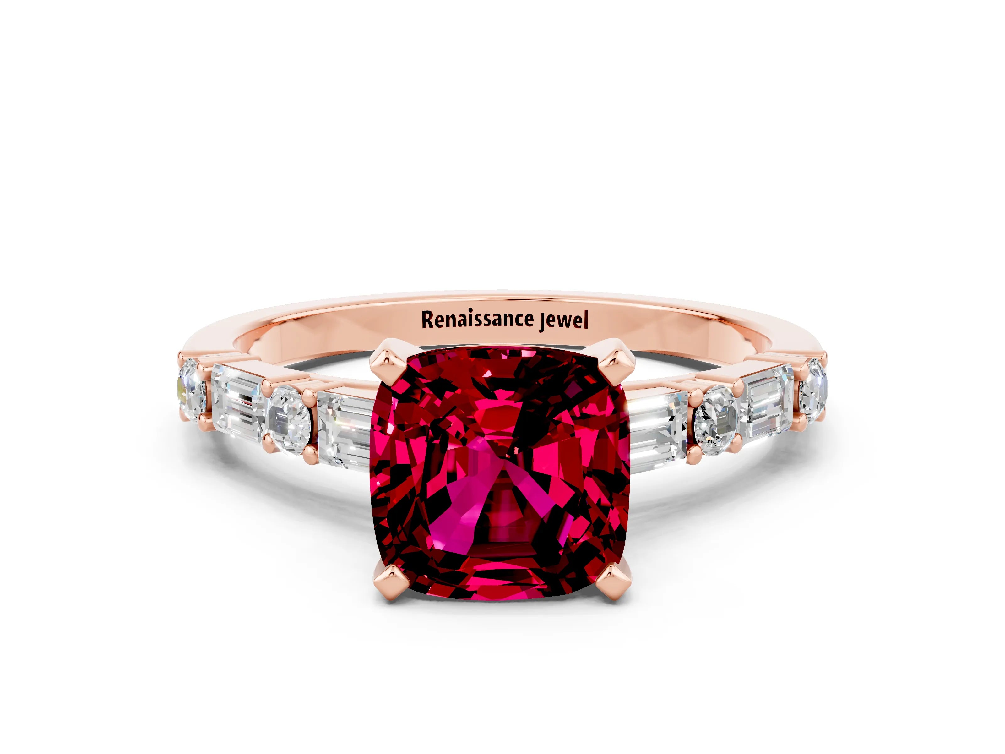 Rose gold Cushion Cut Garnet Solitaire with Side Baguettes and Channel Set Band