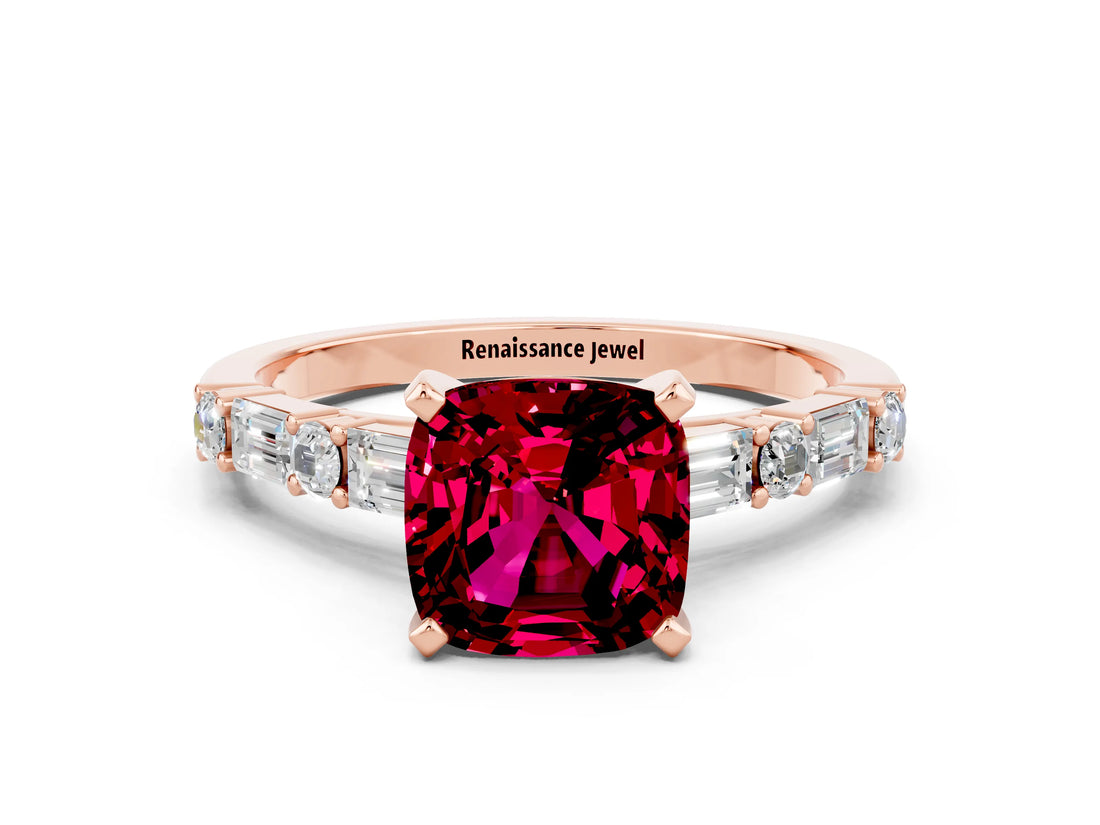 Rose gold Cushion Cut Garnet Solitaire with Side Baguettes and Channel Set Band
