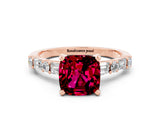 Rose gold Cushion Cut Garnet Solitaire with Side Baguettes and Channel Set Band