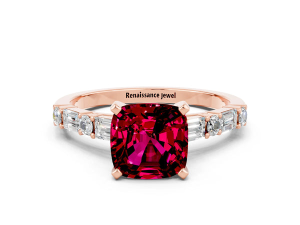 Rose gold Cushion Cut Garnet Solitaire with Side Baguettes and Channel Set Band