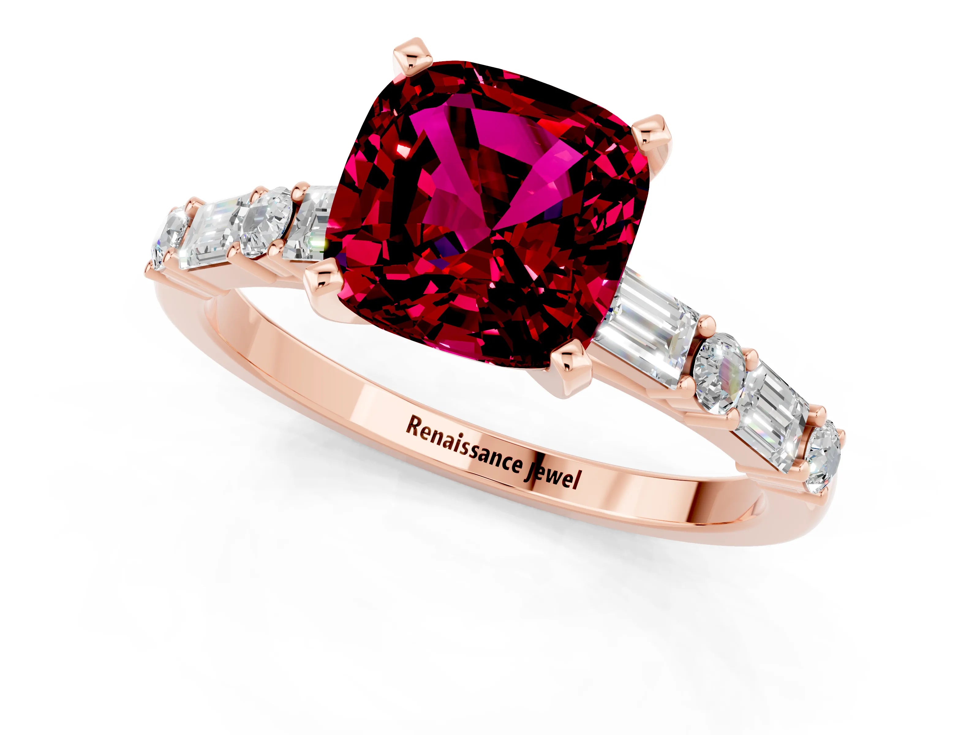 Rose gold Cushion Cut Garnet Solitaire with Side Baguettes and Channel Set Band_1