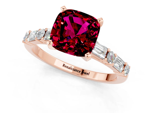 Rose gold Cushion Cut Garnet Solitaire with Side Baguettes and Channel Set Band