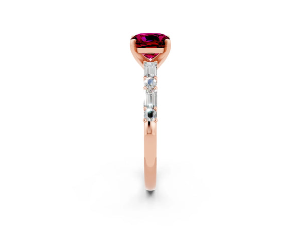 Rose gold Cushion Cut Garnet Solitaire with Side Baguettes and Channel Set Band