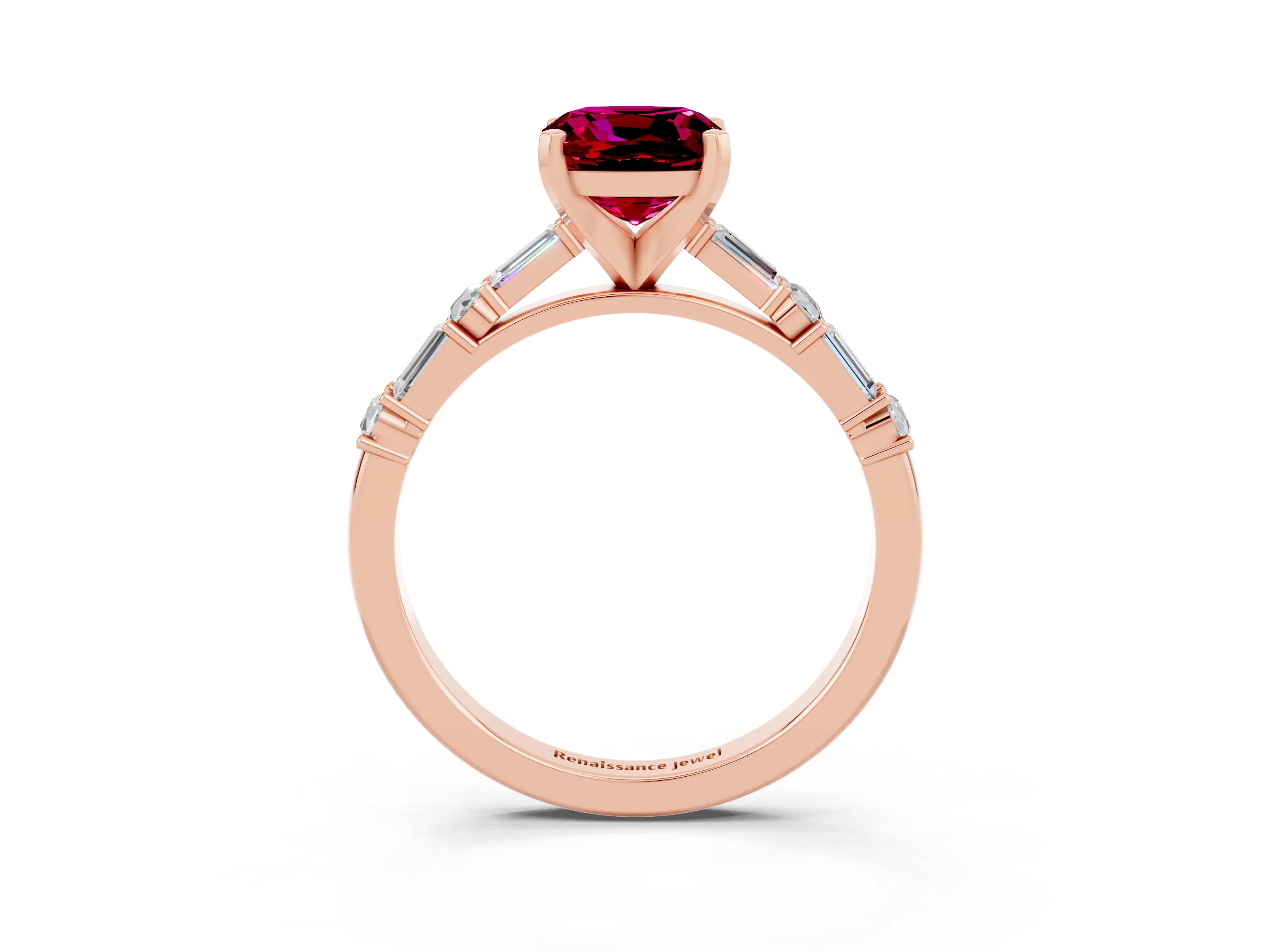 Rose gold Cushion Cut Garnet Solitaire with Side Baguettes and Channel Set Band_3