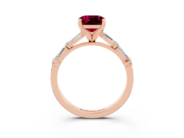 Rose gold Cushion Cut Garnet Solitaire with Side Baguettes and Channel Set Band
